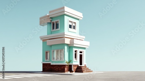 Unique modern house design with bright turquoise exterior and distinct architectural features set against a clear sky, showcasing a minimalistic urban style.