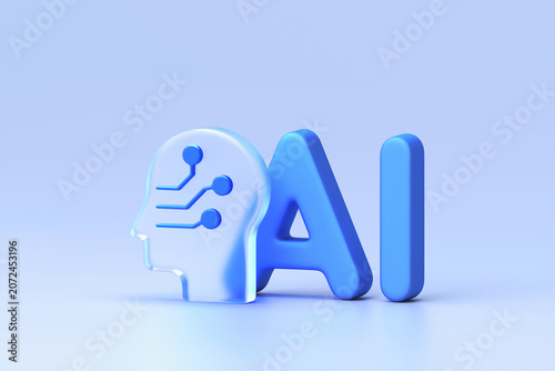Glassmorphism icon set featuring stylized head profile with integrated circuit board pattern, accompanied by blue text AI, representing artificial intelligence and machine learning