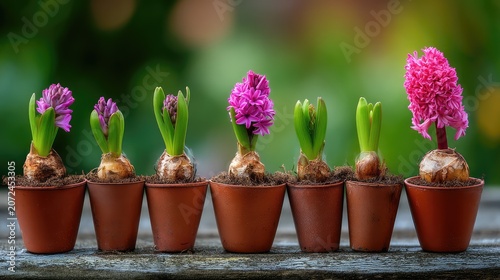 Vibrant Hyacinth Flowers in Terracotta Pots Showcasing Colors of Spring, Fresh Green Leaves Emerging, and Natural Elegance for Garden and Home Decoration