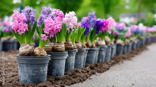 Vibrant Rows of Blooming Hyacinth Flowers in Garden Pots with Fresh Green Foliage and Soft Soil Underneath in a Beautiful Outdoor Setting