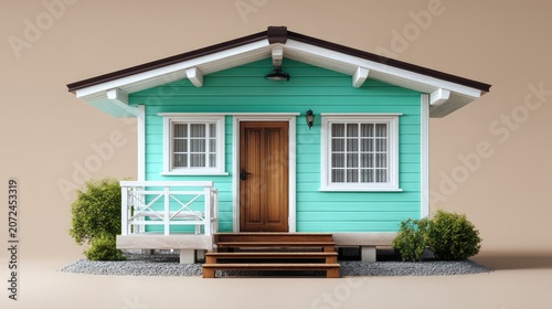 Charming Modern Cottage with Vibrant Exterior Color, Wooden Accents, and Lush Greenery in Front, Ideal for Home and Garden Illustrations or Real Estate Marketing