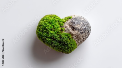 Heart-Shaped Rock Covered in Lush Green Moss on a Light Background, Symbolizing Nature, Love, and Connection to Environment in a Minimalistic Style