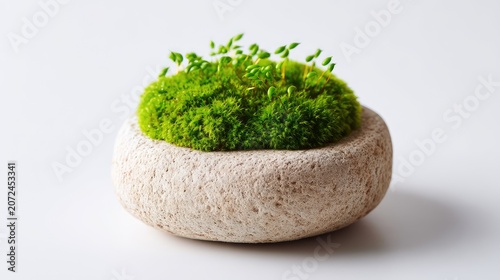 A Serene Green Moss and Small Plant Display in a Modern Stone Planter Showcasing the Beauty of Nature and Organic Elegance for Home Decor Inspiration