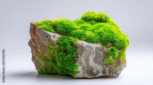 Beautiful Natural Stone Covered with Lush Green Moss on a Light Gray Background, Ideal for Organic Textures and Environmental Themes