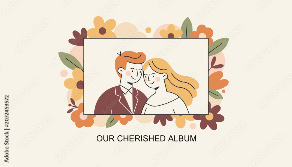 Fototapeta premium Romantic portrait of a happy wedding couple inside a frame decorated with colorful flowers for a cherished album.