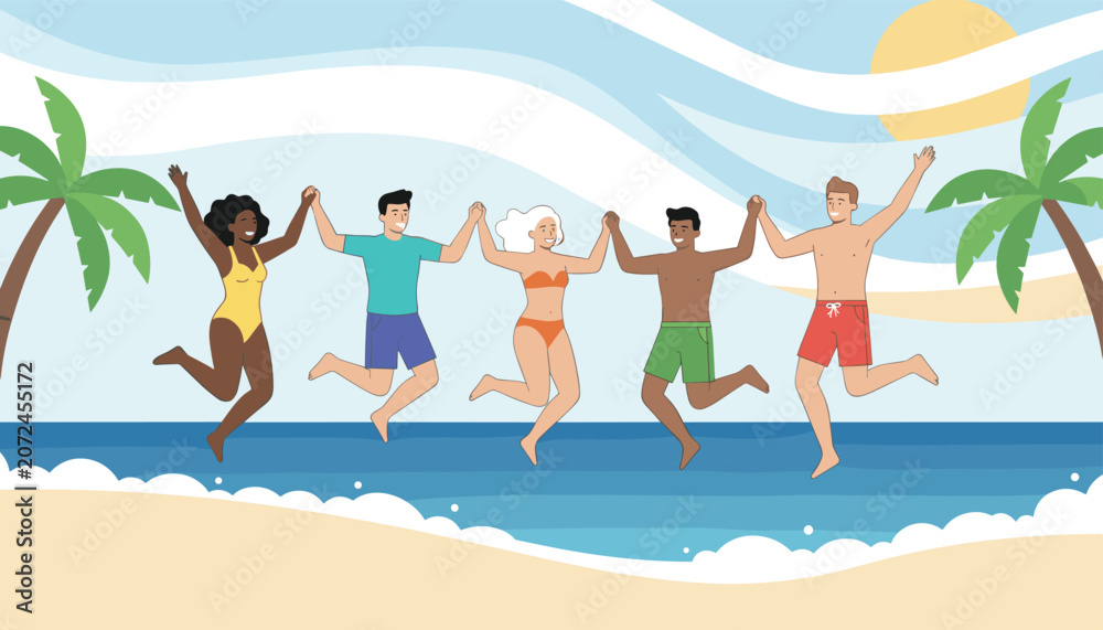 Obraz premium Group of five diverse young friends in colorful swimwear holding hands and jumping with joy on a sunny tropical beach.