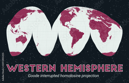 Western Hemisphere. World map. Goode interrupted homolosine projection centered to Western Hemisphere. Pale Mint Dark Pink palette. Vintage texture. Awesome vector illustration.