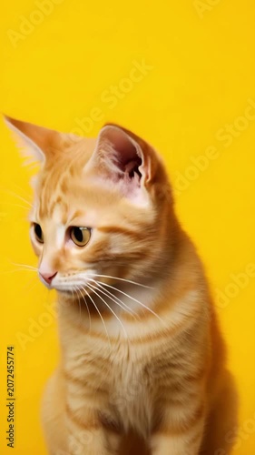 Funny ginger cat on the yellow background, look stare. Fluffy kitty looking at camera on yellow background, front view. Cute young red cat sitting in front of colored background with copy space.