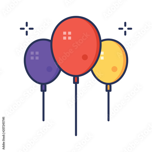Illustration of three vibrant balloons in purple, red, and yellow with sparkles and strings, suitable for celebrations, parties, or festive themes.