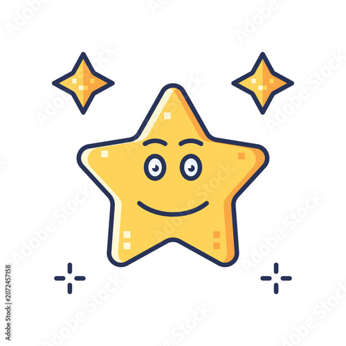A cheerful cartoon star with a smiling face, surrounded by smaller stars and decorative dots, suitable for children's content, educational materials, or playful designs.
