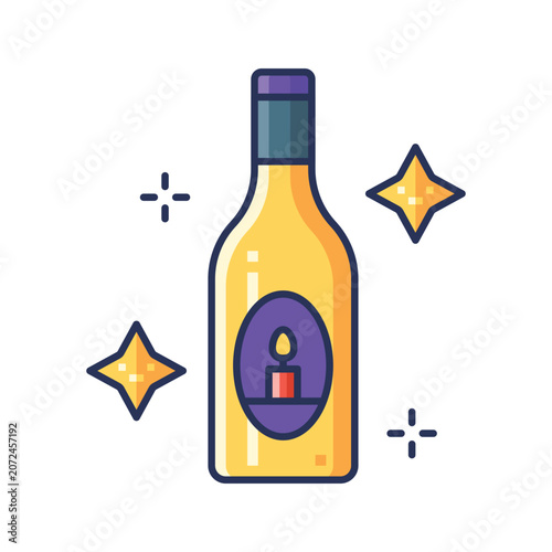 A colorful, cartoon-style illustration of a bottle with a lit candle on its label, surrounded by sparkling stars, suitable for celebration or festive themes.