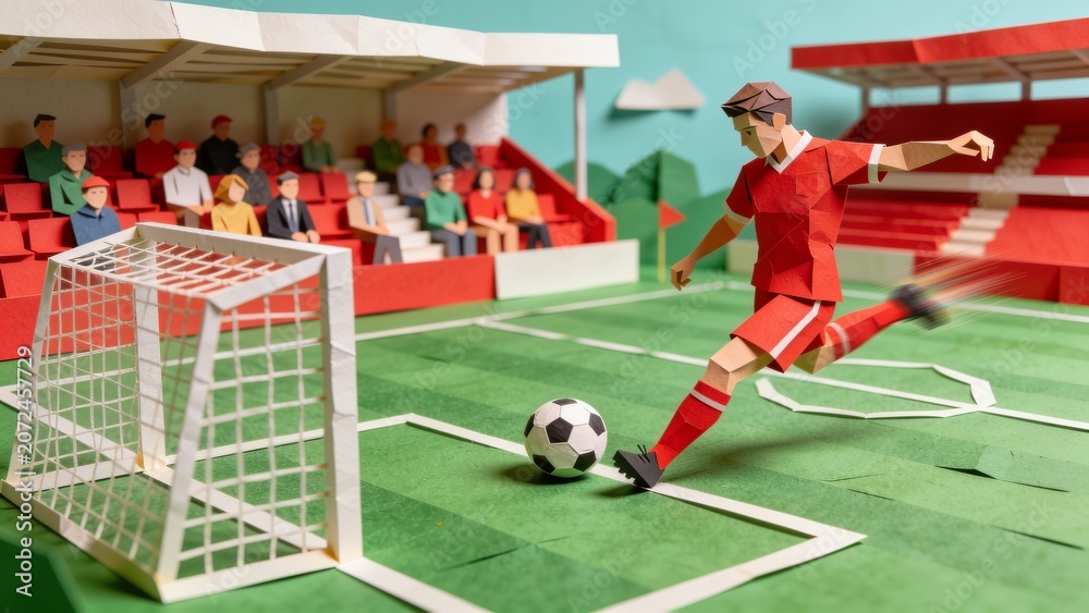 Obraz premium Paper Craft Football Player Kicking Ball Towards Goal