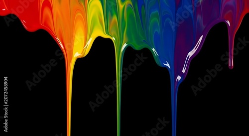 Vibrant rainbow paint dripping down on a black background