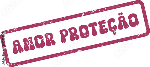 Retro Grunge Effect Stamp Amor Proteção with Purple Ink and Distressed Texture Graphic