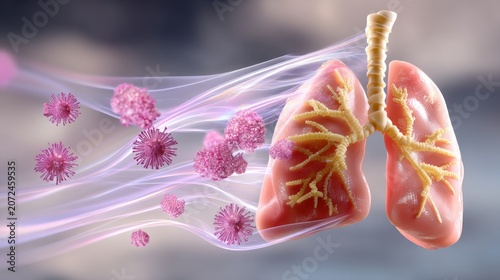 Digital Illustration of Human Lungs with Airflow and Virus Particles Representing Respiratory Health Concepts