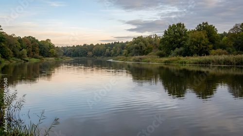 Calm river scene with trees reflecting on water at dusk