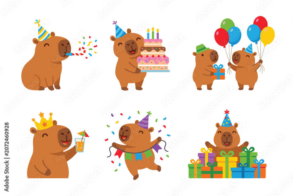 Obraz premium Cute capybara birthday party celebration vector illustration set. Happy capybara characters with cake, balloons, gifts, and party blower clip art