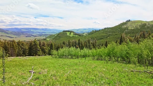 A sweeping panoramic view captures the mountains and wilderness of Yellowstone National Park