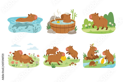 Photos Cute capybara playing in the nature and onsen vector illustration set