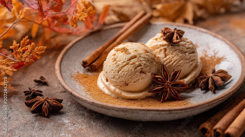 Fototapeta premium Elegant Plating of Spiced Ice Cream Scoops with Star Anise and Cinnamon on a Ceramic Plate