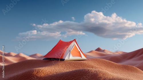 Bright Red Tent Positioned on Sand Dunes Under Clear Blue Sky with Fluffy Clouds in Desert Landscape