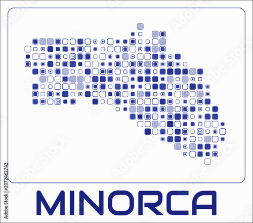Minorca digital style map. Large roundedSquare dots on white background. Dotted shape of the island. Minorca map and title. Vibrant vector illustration.