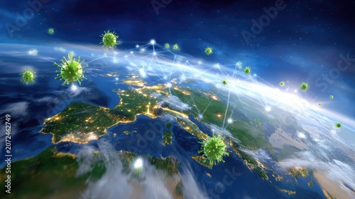 Global Virus Spread Illustration Over Europe with Connections and Lights Depicting Infection Pathways and Communication Networks