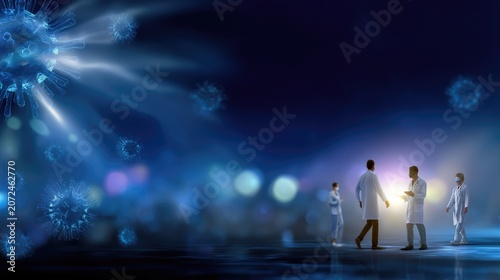 Medical Professionals in Lab Coats Engaging in Discussion About Virus Research in a Futuristic Laboratory Environment