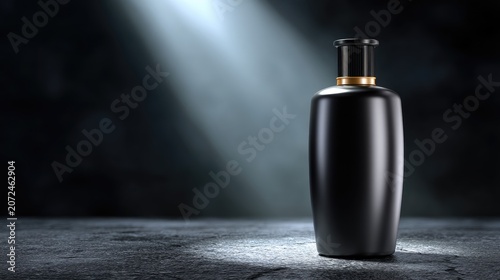 Elegant Black Cosmetic Bottle with Soft Highlight in Dark Background for Beauty and Skincare Product Display