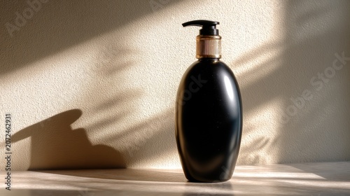 Elegant Black Bottle with Pump on Surface and Soft Natural Shadow in Minimalist Setting