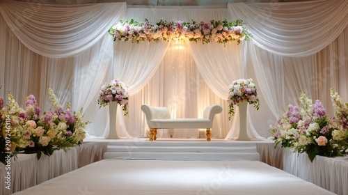 Elegant wedding decor with floral arrangements, draped fabric, and soft lighting set in a romantic atmosphere for celebrations