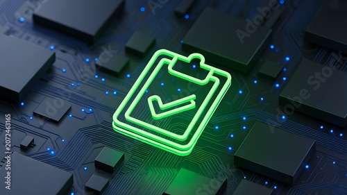 Glowing digital checklist icon on advanced technology motherboard background