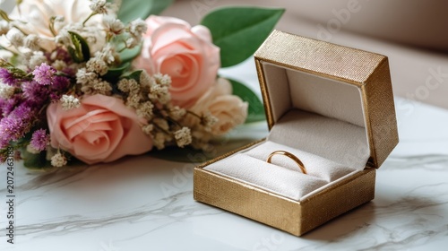 Elegant Wedding Ring in Golden Box Surrounded by Beautiful Flowers on Marble Surface in Soft Natural Light