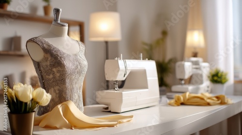 Elegant Sewing Space with Mannequin, Sewing Machine, and Draped Fabric for Fashion Design Enthusiasts and Creators