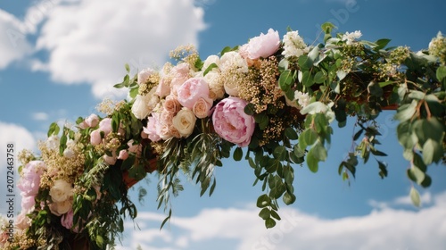 Beautiful floral arch with pink peonies, roses, and greenery against a blue sky with fluffy clouds for outdoor wedding decoration
