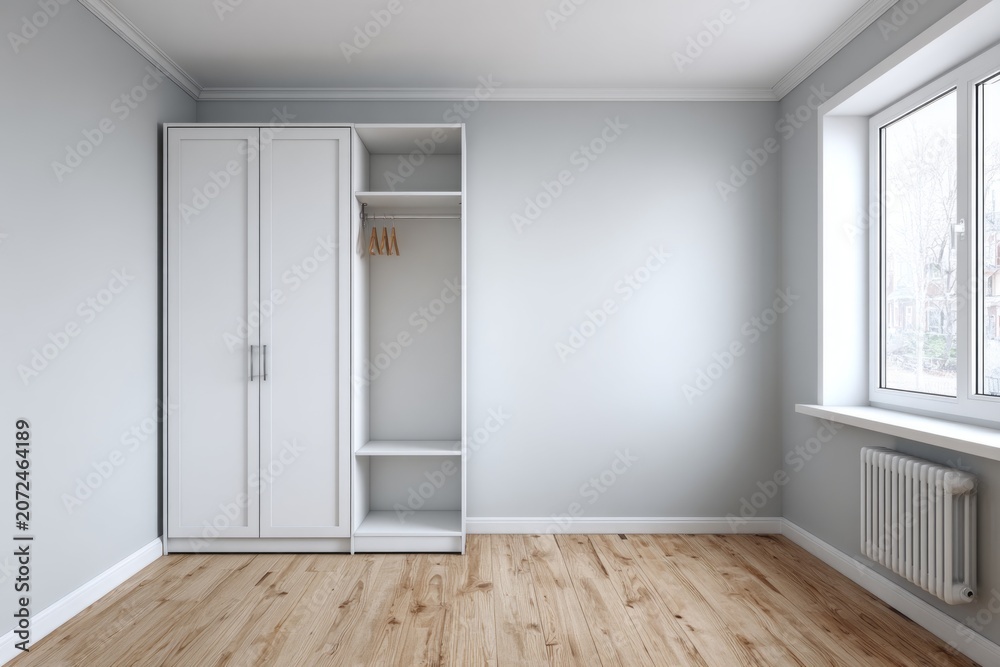 Fototapeta premium Modern white wardrobe and window in an empty room.