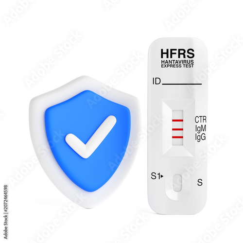 Hantavirus Diagnostic Protection Concept. Positive HFRS Rapid Test Cassette With IgM And IgG Lines Beside Blue Shield Checkmark. 3d Rendering