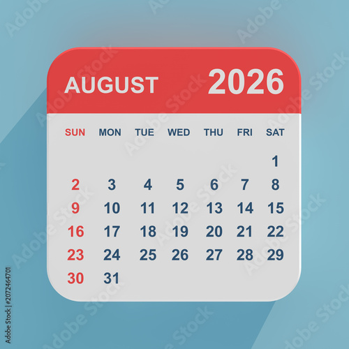 Flat Icon Calendar August 2026. 3d Rendering