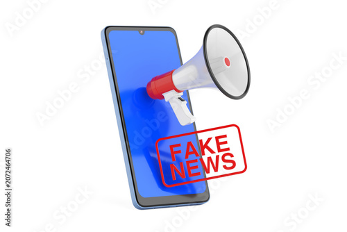 Misinformation Alert Concept. Smartphone With Megaphone And Fake News Stamp. 3d Rendering