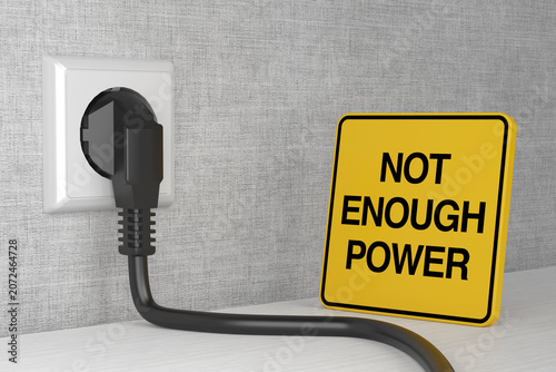 Power Shortage Concept. Black Plug Connected To Wall Socket Beside Yellow Warning Sign On Gray Textured Background. 3d Rendering