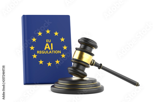 European AI Regulation Concept. Blue EU Law Book With Yellow Stars And Judge Gavel. 3d Rendering