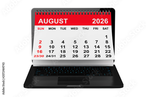 2026 year calendar. August calendar over laptop screen. 3d rendering