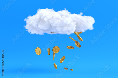 Financial Opportunity Concept. Golden Coins, Symbolizing Wealth, Income And Savings, Falling Down From A White Cloud.  3d Rendering