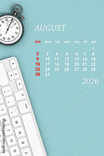 2026 year calendar. August calendar. 3d Rendering