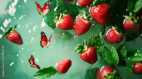 Floating strawberries, mixed with mint leaves and tiny butterflies