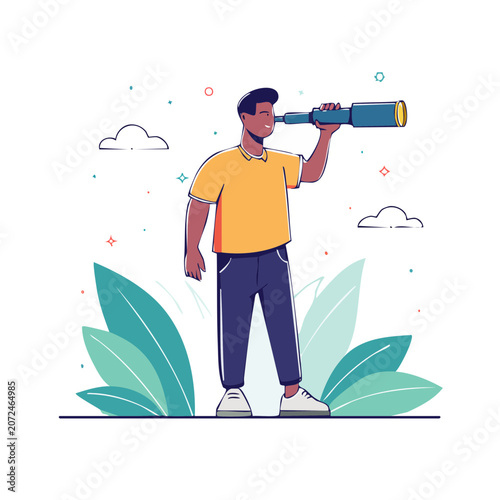 Man with telescope flat vector illustration