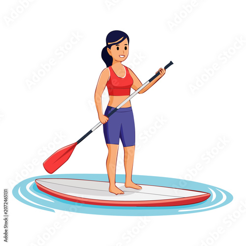 Woman paddleboarding on surfboard flat vector illustration