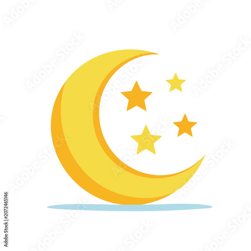 Yellow crescent moon with stars icon