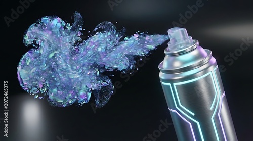 Futuristic Spray Can Emitting Luminous Blue Mist.