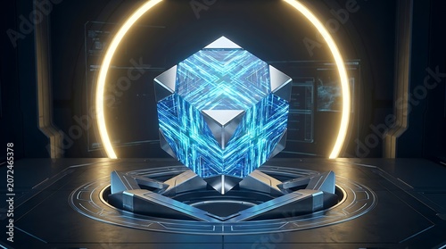 Futuristic Glowing Crystal Cube on a Pedestal with Neon Ring.